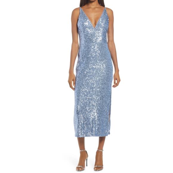 XSCAPE Sequined Midi Sheath Cocktail Dress Blue Size 6 Sleeveless V-Neck - Picture 12 of 14